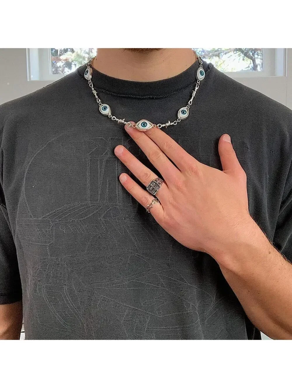 Eye ball pendant barbwire y2k 2000s style necklace